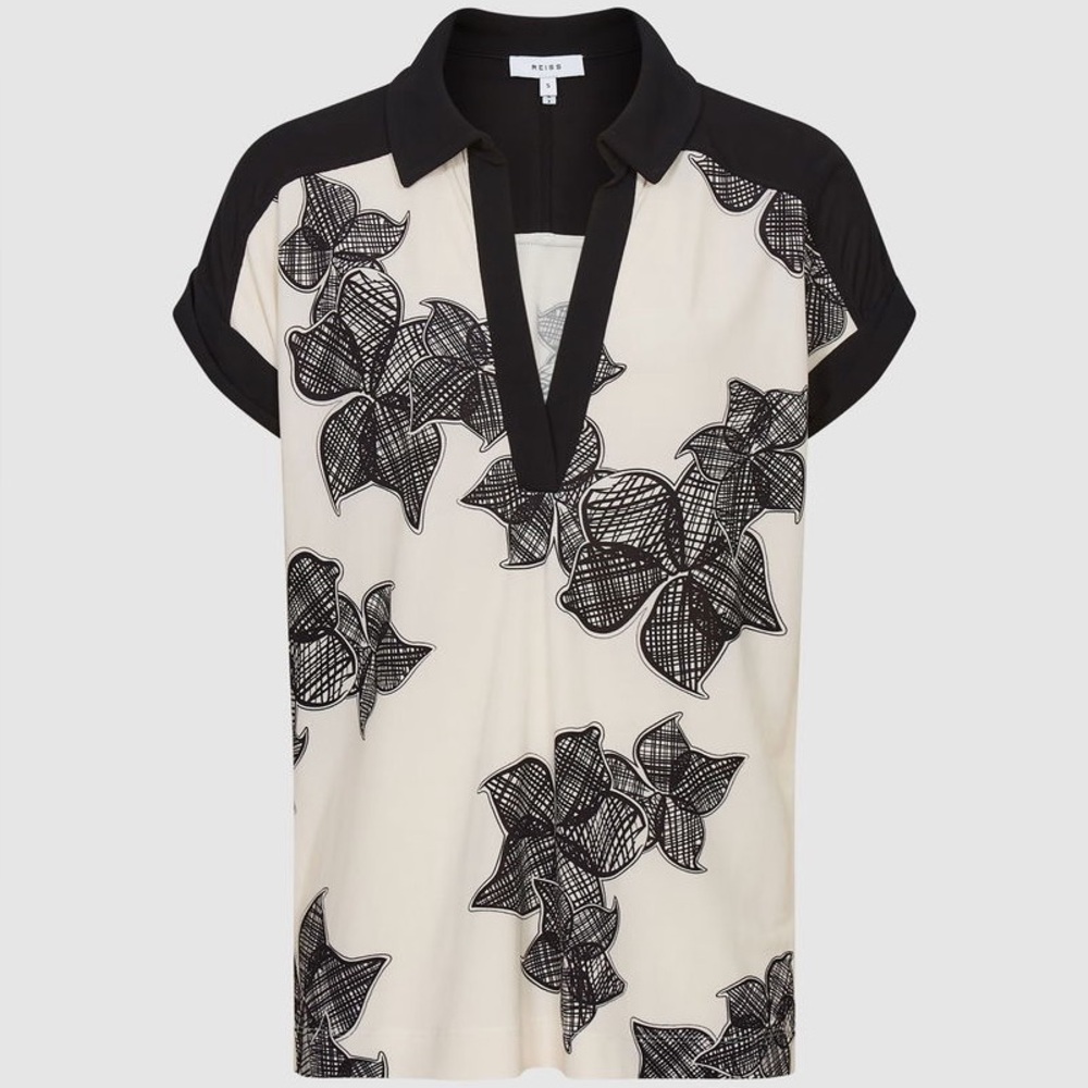 New REISS Daria Printed Open Collar Top in Black & Cream Size Medium